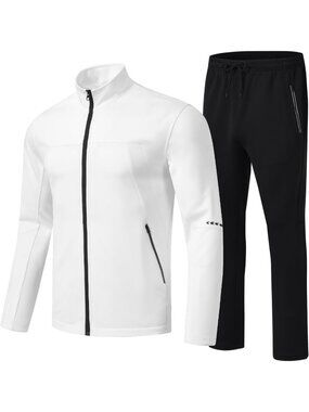 Men's 2 Piece Suit White Slant Pocket Long Sleeve Sweatsuits Full Zip Sets